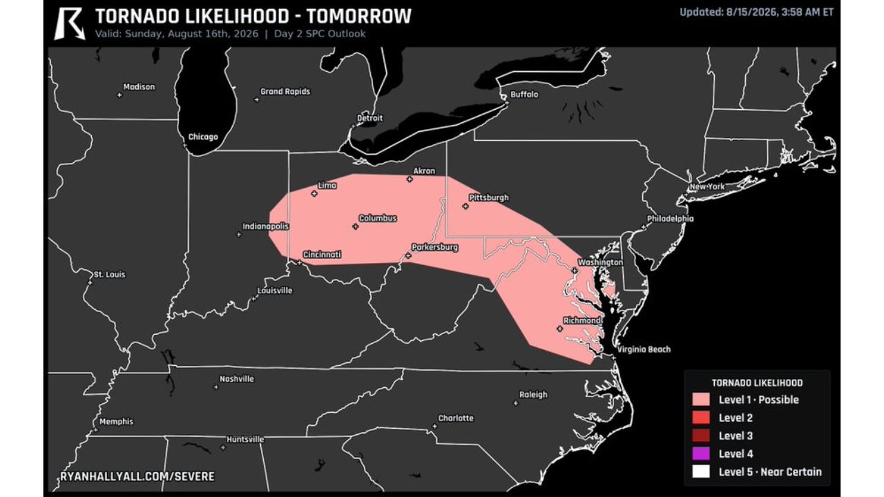 Columbus, Cincinnati, Washington and Richmond Enter Tornado Watch Zone as Sunday's SPC Outlook Stretches From Ohio to Virginia's Coast