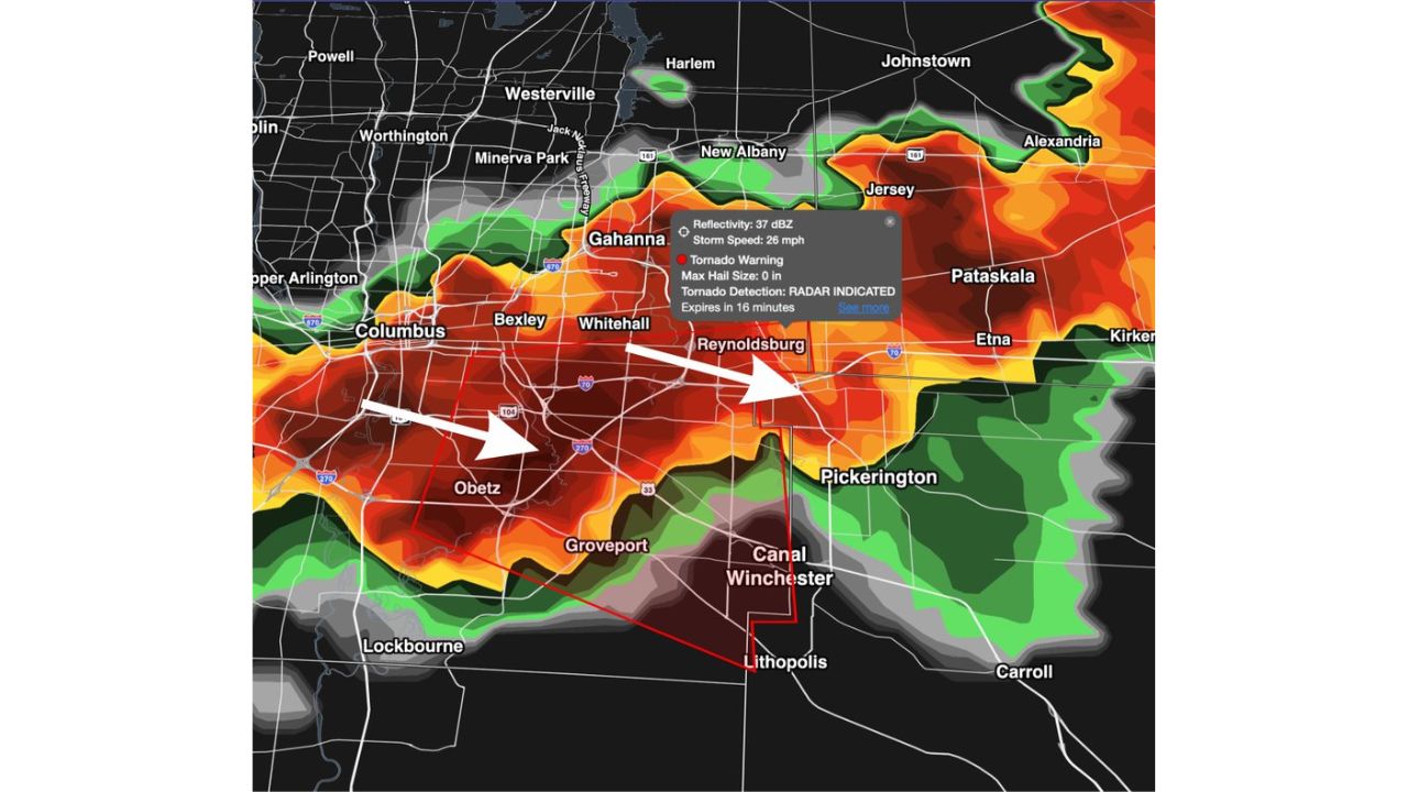 Second Tornado Warning Hits Columbus as Radar-Indicated Rotation Targets Reynoldsburg and Canal Winchester