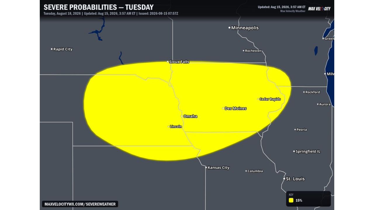 Omaha, Des Moines and Sioux Falls Brace for Tuesday Supercells as Large Hail Threat Shifts to Damaging Winds by Evening